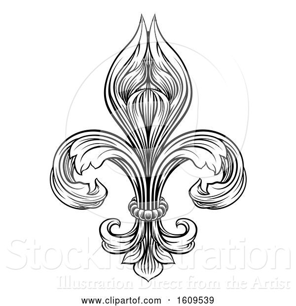 Vector Illustration of Black and White Vintage Engraved or Woodblock Fleur De Lis