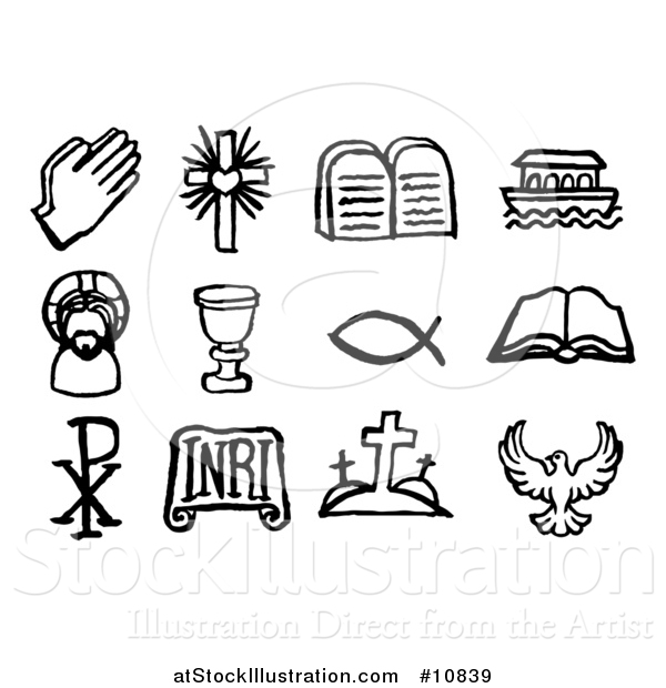 Vector Illustration of Black and White Watercolor Styled Christian Symbol Icons