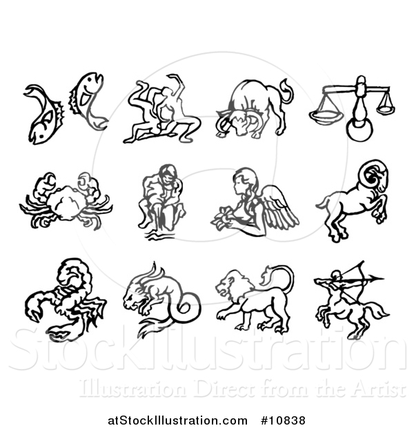 Vector Illustration of Black and White Watercolor Styled Zodiac Astrology Horoscope Sign Icons