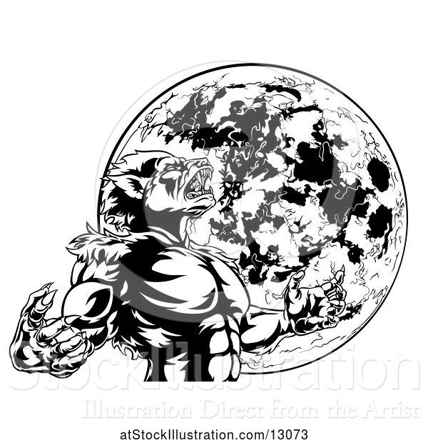 Vector Illustration of Black and White Werewolf Beast Howling and Transforming Against a Full Moon