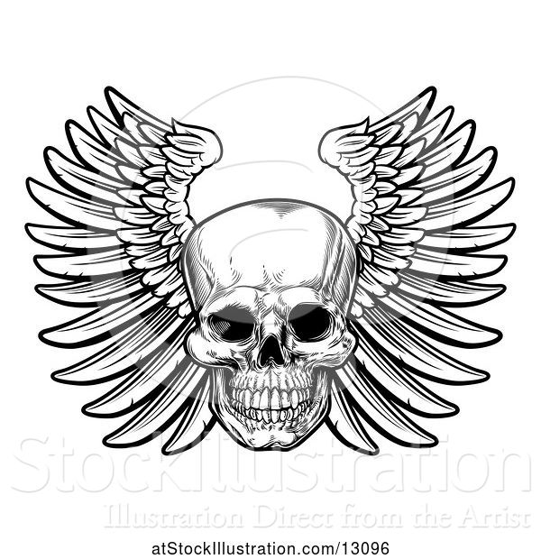 Vector Illustration of Black and White Winged Human Skull