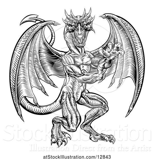 Vector Illustration of Black and White Woodcut Dragon