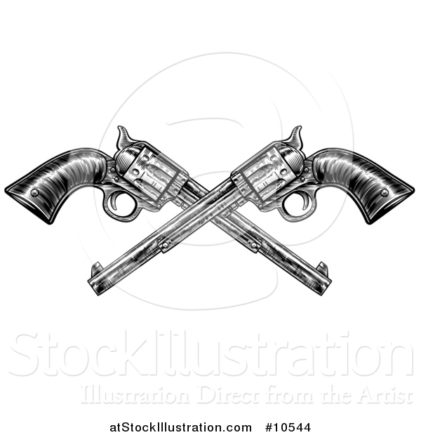 Vector Illustration of Black and White Woodcut Etched or Engraved Crossed Vintage Pistols