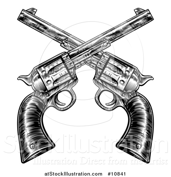 Vector Illustration of Black and White Woodcut Etched or Engraved Crossed Vintage Revolver Pistols