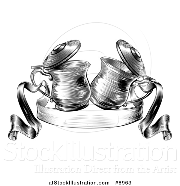 Vector Illustration of Black and White Woodcut or Engraved Beer Steins or Tankards Chinking Together in a Toast over a Ribbon Banner