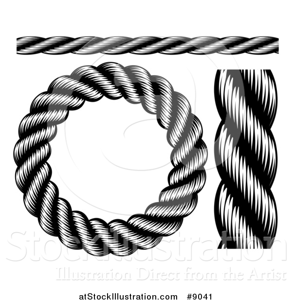 Vector Illustration of Black and White Woodcut or Engraved Nautical Rope Design Elements