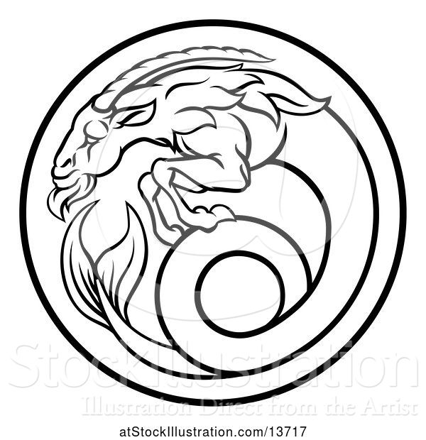 Vector Illustration of Black and White Zodiac Horoscope Astrology Capricorn Circle Design