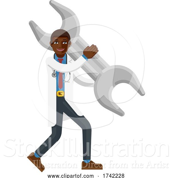 Vector Illustration of Black Doctor Guy Holding Spanner Wrench Mascot
