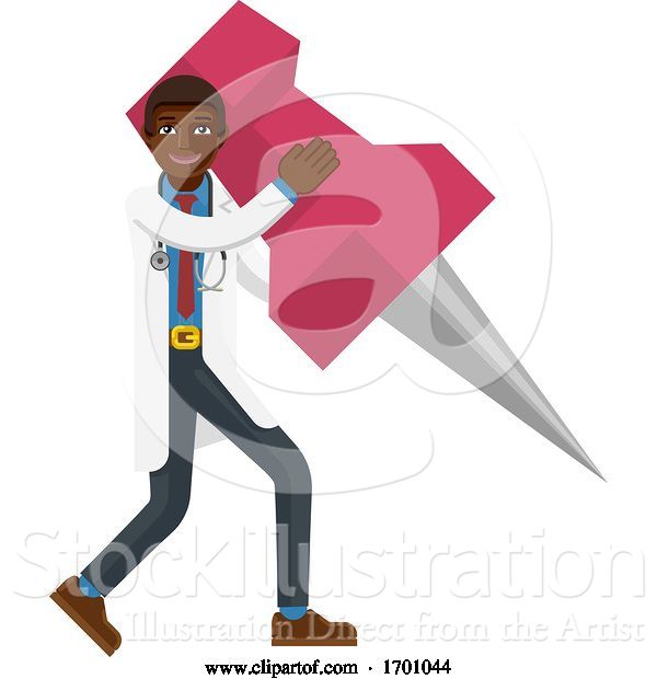 Vector Illustration of Black Doctor Guy Holding Thumb Tack Pin Mascot