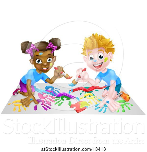 Vector Illustration of Black Girl and White Boy Painting