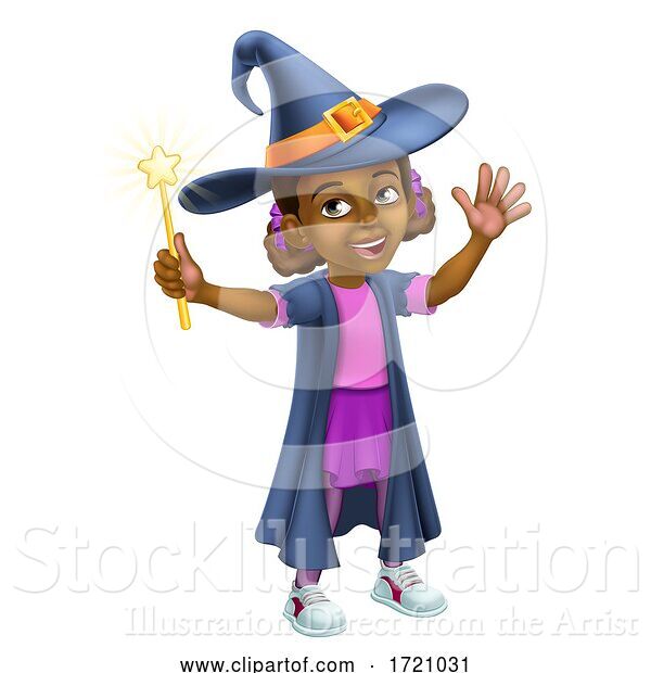 Vector Illustration of Black Girl Child Halloween Witch Costume