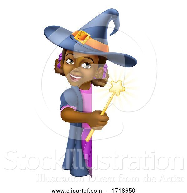 Vector Illustration of Black Girl Child Halloween Witch Sign