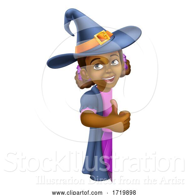 Vector Illustration of Black Girl Child Halloween Witch Sign