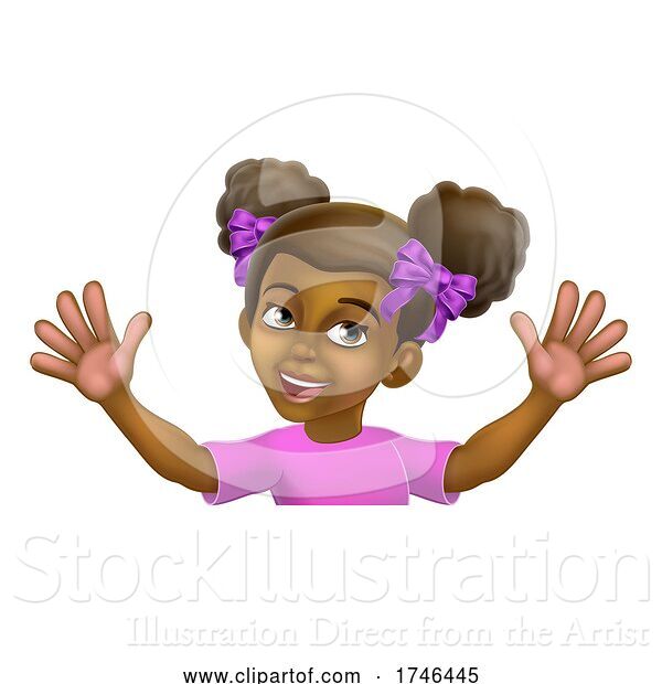 Vector Illustration of Black Girl Child Kid Waving Sign