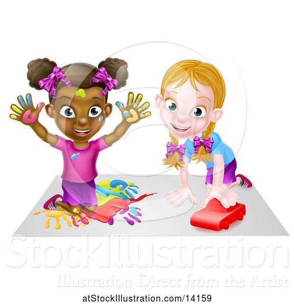 Vector Illustration of Black Girl Finger Painting and White Girl Playing with a Toy Car