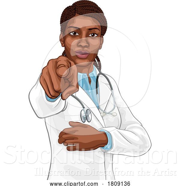 Vector Illustration of Black Lady Medical Doctor Needs You Pointing