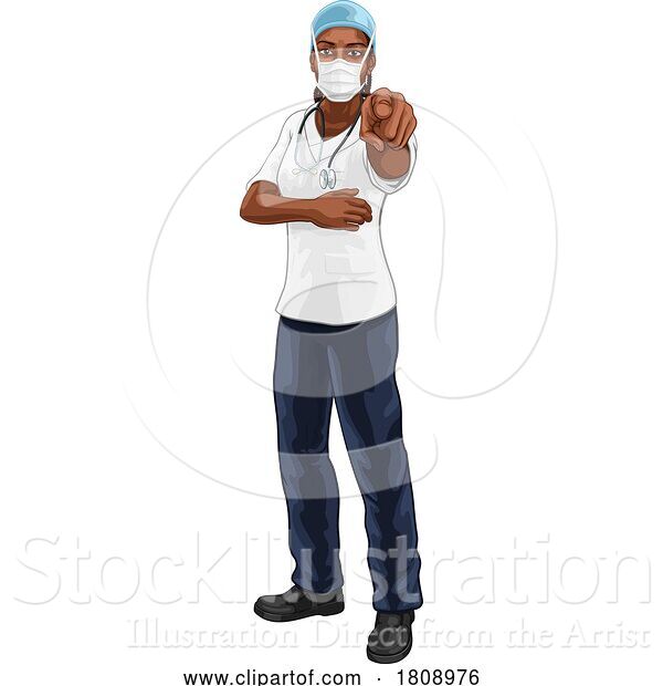 Vector Illustration of Black Lady Medical Doctor Nurse Pointing