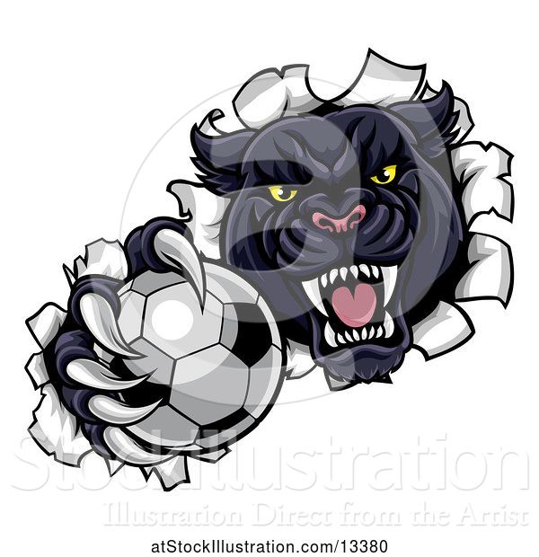 Vector Illustration of Black Panther Mascot Breaking Through a Wall with a Soccer Ball