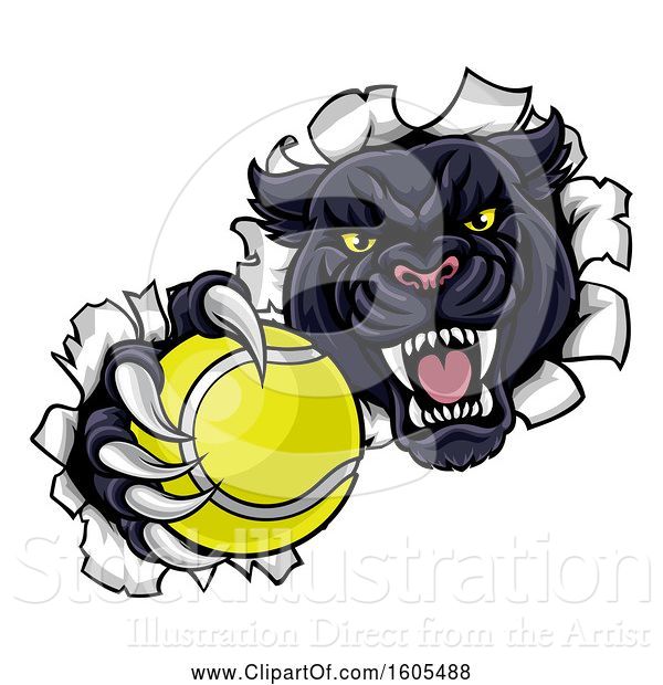 Vector Illustration of Black Panther Mascot Breaking Through a Wall with a Tennis Ball