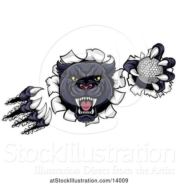 Vector Illustration of Black Panther Mascot Shredding Through a Wall with a Golf Ball