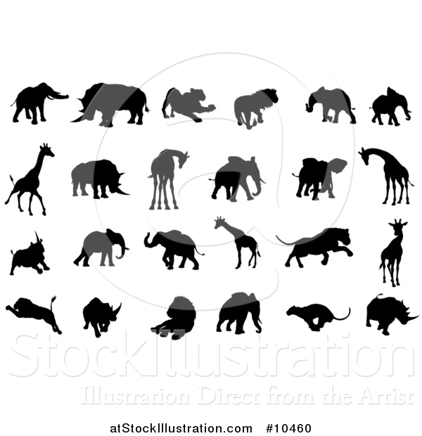 Vector Illustration of Black Silhouetted African Animals, Elephants, Rhinos, Lions and Giraffes