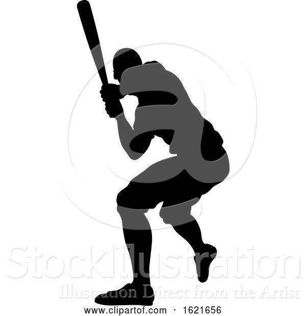 Vector Illustration of Black Silhouetted Baseball Player Batting