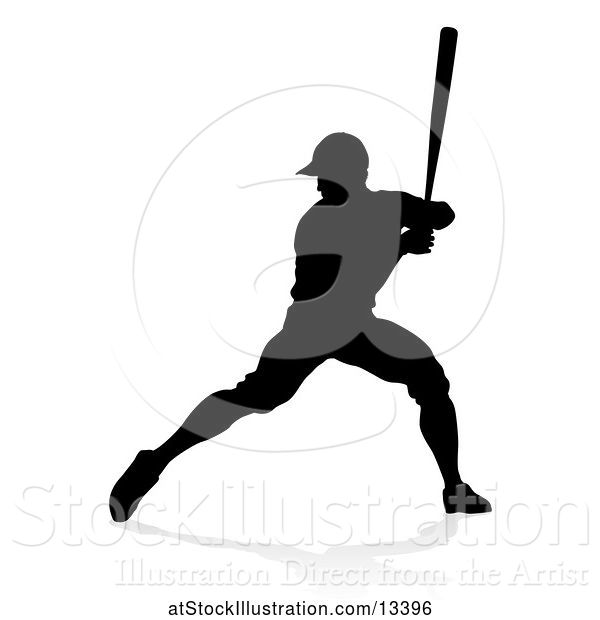 Vector Illustration of Black Silhouetted Baseball Player Batting, with a Reflection on a White Background