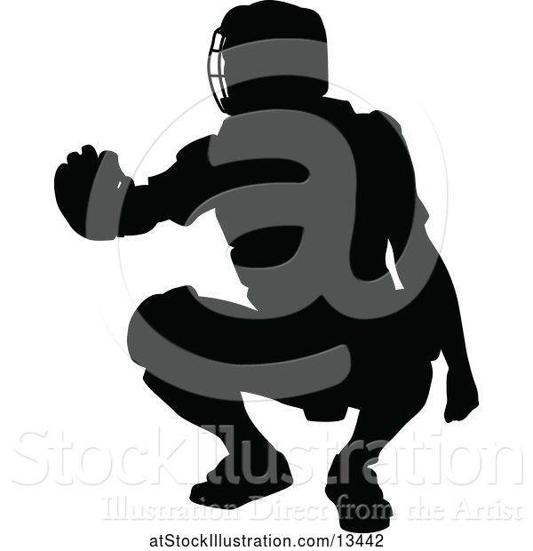 Vector Illustration of Black Silhouetted Baseball Player Catcher