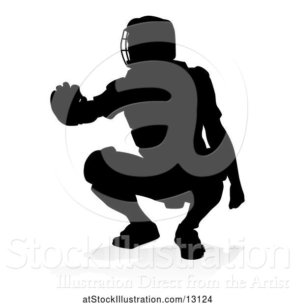 Vector Illustration of Black Silhouetted Baseball Player Catcher, with a Reflection or Shadow, on a White Background