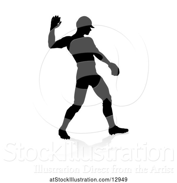 Vector Illustration of Black Silhouetted Baseball Player Pitching, with a Reflection on a White Background