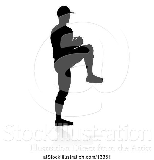 Vector Illustration of Black Silhouetted Baseball Player Pitching, with a Reflection on a White Background