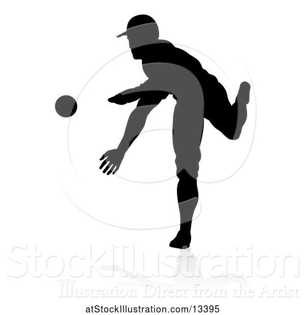 Vector Illustration of Black Silhouetted Baseball Player Pitching, with a Reflection on a White Background