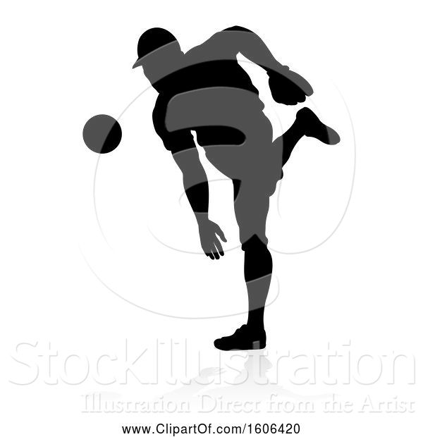 Vector Illustration of Black Silhouetted Baseball Player Pitching, with a Reflection on a White Background