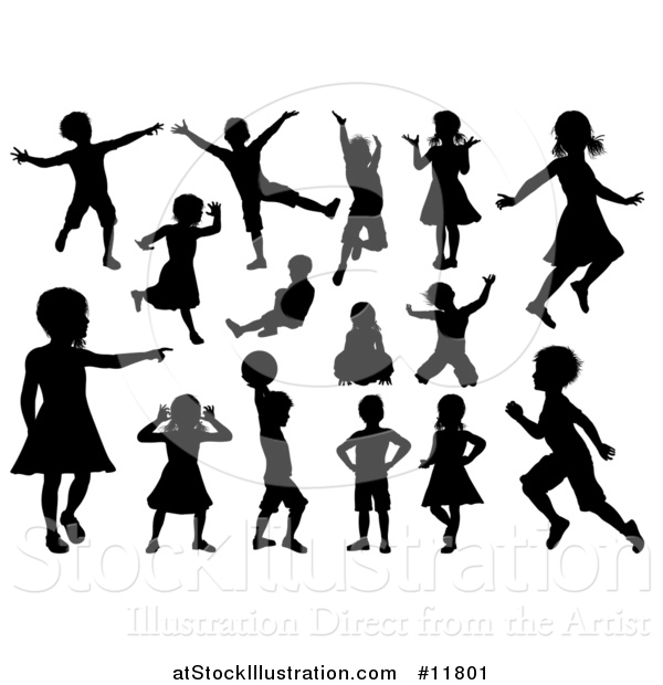 Vector Illustration of Black Silhouetted Boys and Girls Playing