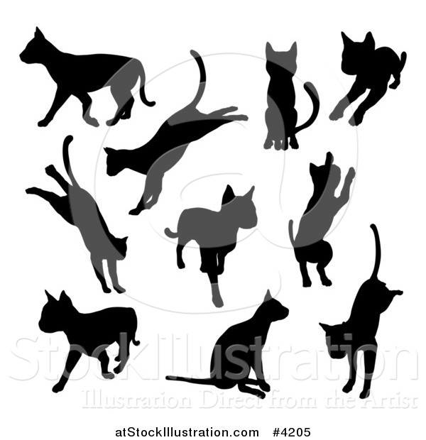 Vector Illustration of Black Silhouetted Cats Sitting Jumping Playing and Walking