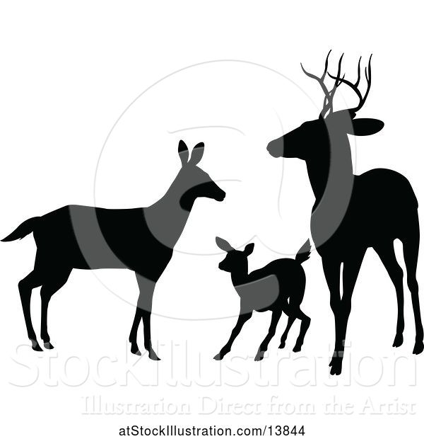 Vector Illustration of Black Silhouetted Deer Buck, Doe and Fawn