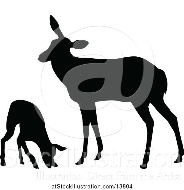 Vector Illustration of Black Silhouetted Deer Doe and Fawn