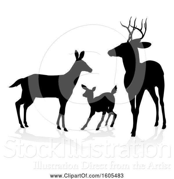 Vector Illustration of Black Silhouetted Deer Family, with a Shadow on a White Background