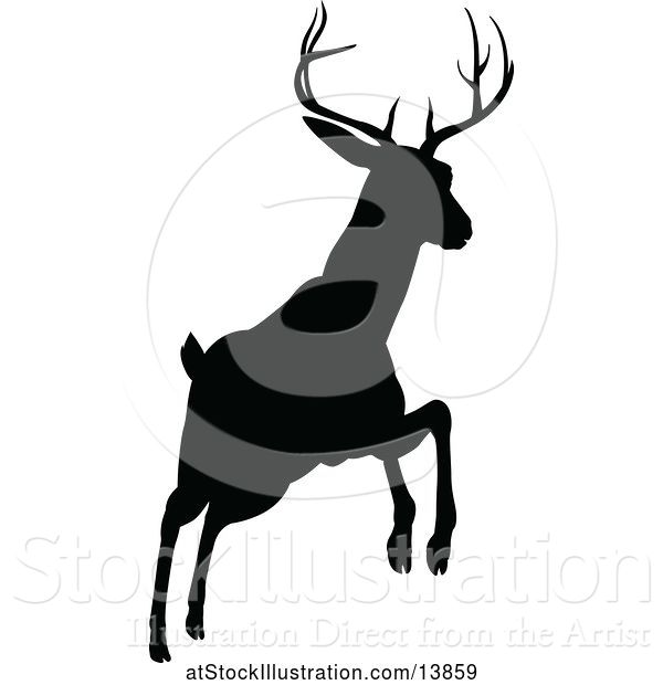 Vector Illustration of Black Silhouetted Deer Stag Buck Leaping