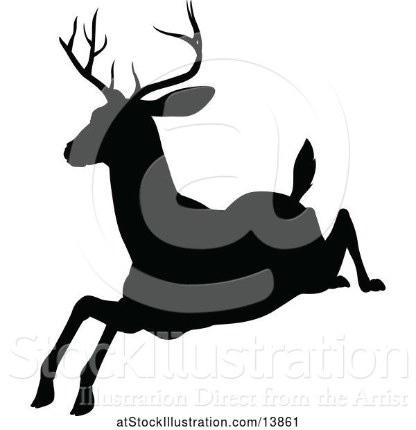 Vector Illustration of Black Silhouetted Deer Stag Buck Leaping