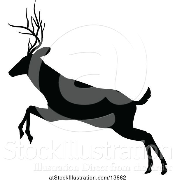 Vector Illustration of Black Silhouetted Deer Stag Buck Leaping