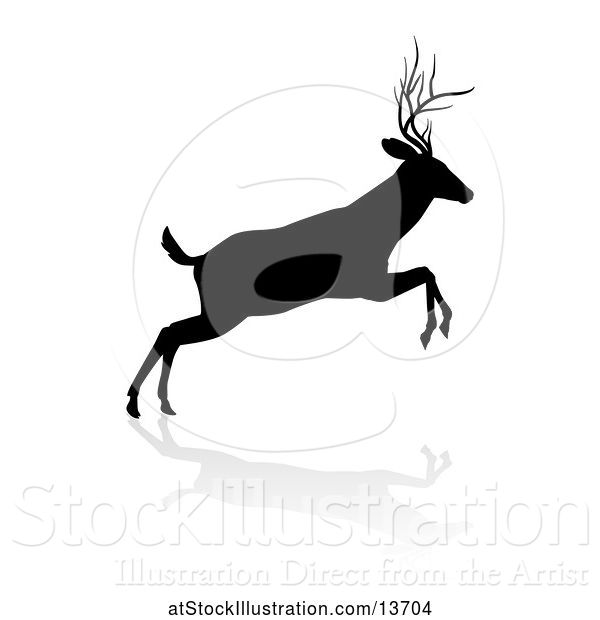 Vector Illustration of Black Silhouetted Deer Stag Buck Leaping, with a Shadow on a White Background