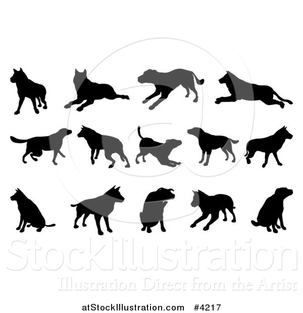 Vector Illustration of Black Silhouetted Dogs Jumping Walking and Playing