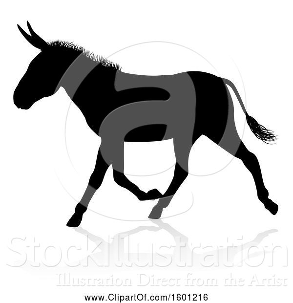 Vector Illustration of Black Silhouetted Donkey with a Shadow or Reflection, on a White Background
