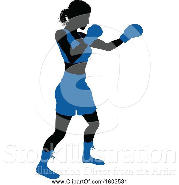 Vector Illustration of Black Silhouetted Female Boxer Fighter in a Blue Uniform