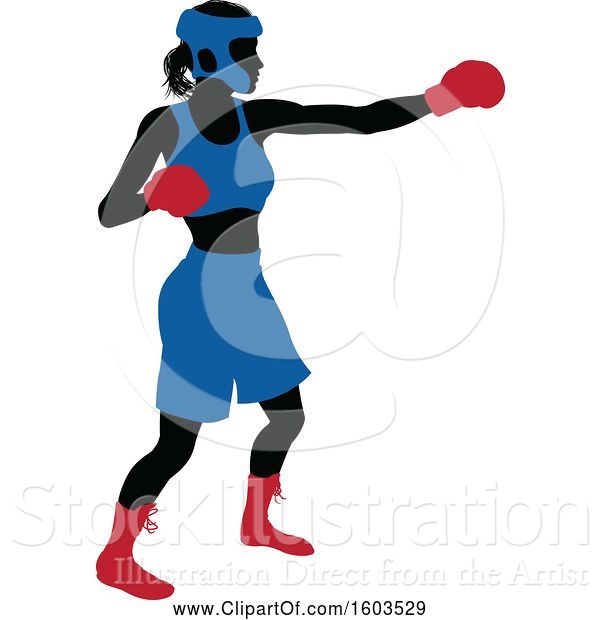 Vector Illustration of Black Silhouetted Female Boxer Fighter in a Blue Uniform with Red Shoes and Gloves