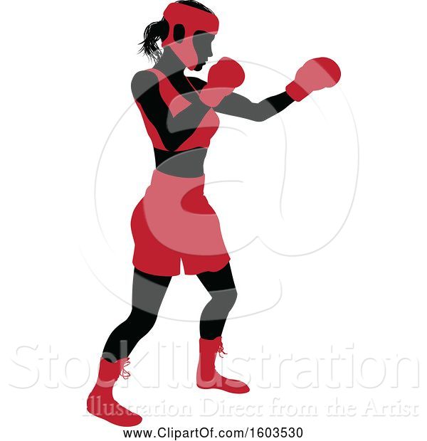 Vector Illustration of Black Silhouetted Female Boxer Fighter in a Red Uniform