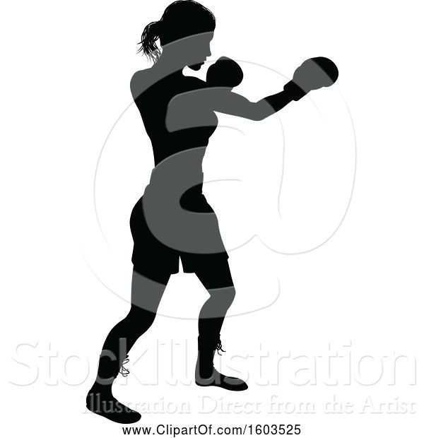 Vector Illustration of Black Silhouetted Female Boxer Fighter Wearing Safety Head Gear