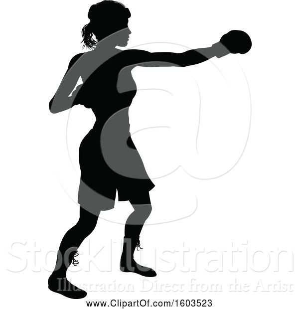 Vector Illustration of Black Silhouetted Female Boxer Fighter Wearing Safety Head Gear