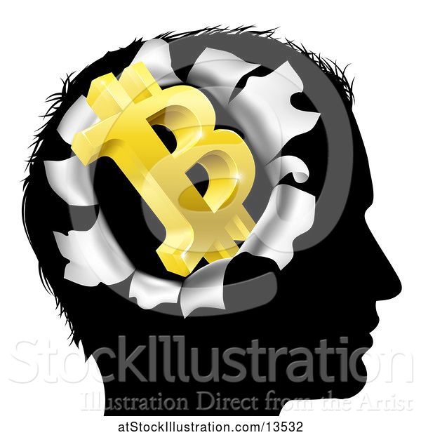 Vector Illustration of Black Silhouetted Guy's Head with a 3d Gold Bitcoin Symbol Breaking Out, Thinking About Money
